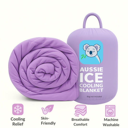Purple cooling blanket with packaging featuring a koala illustration on a white background