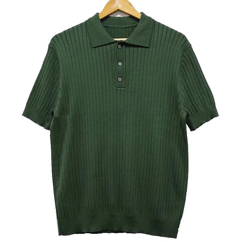 Retro Knitting Lapel Stripe Polo Shirt