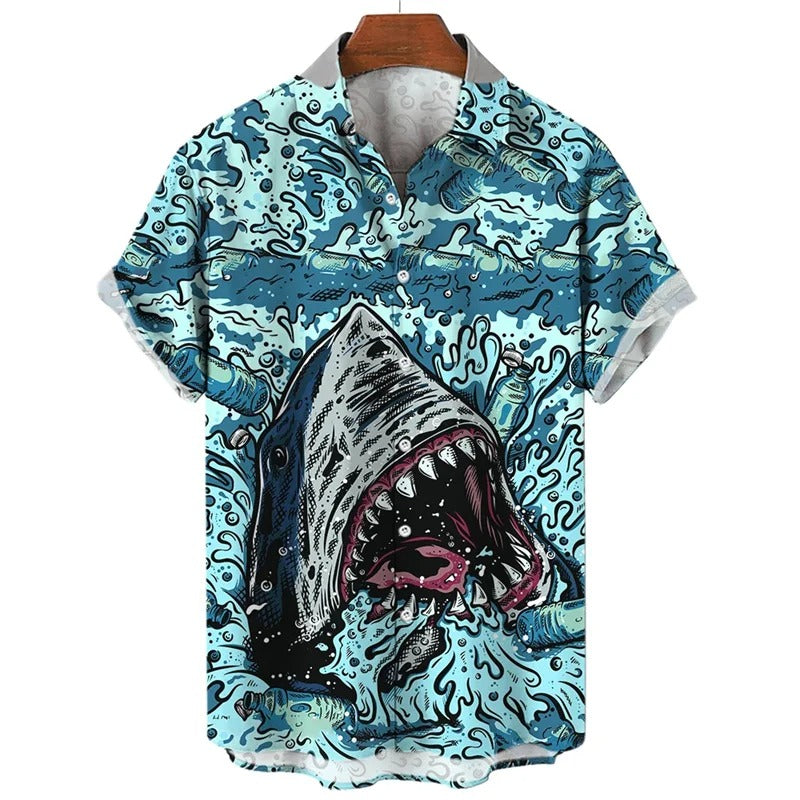 Shark & Letter Sea All Over Print Lapel Shirt
